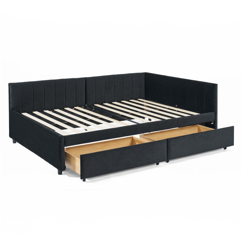 Full Size Upholstered Tufted Bed Frame with Two Drawers, Sofa Bed Frame with Comfortable Backrest and Armrests, Velvet, Black