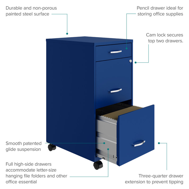Compact Blue Steel 3-Drawer Mobile File Cabinet with Lock
