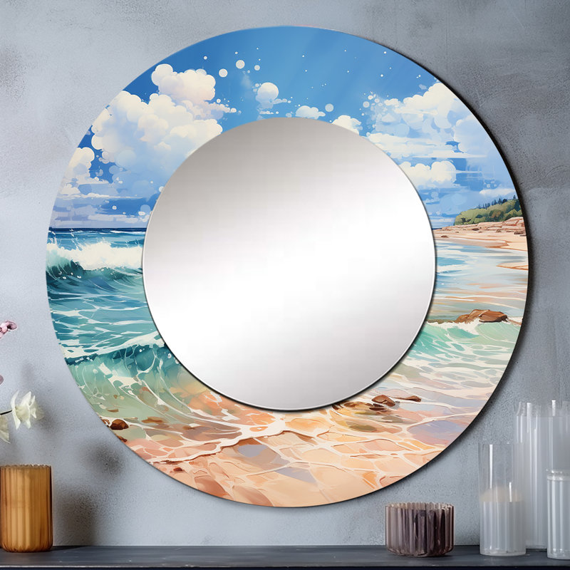 Relaxing Beach Breezes II - Beach Sand Wall Mirror, Teal Round Decorative Mirror, Printed Metal Art, 29" x 29"