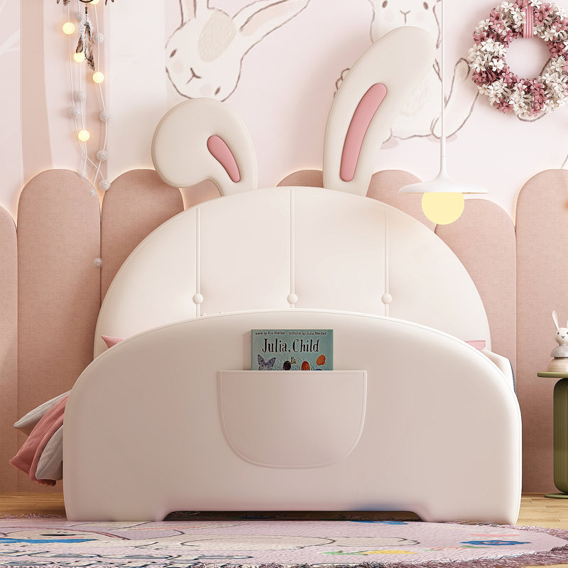 Lit princesse rembourré en forme de lapin, lit plateforme avec tête de lit et pied de lit