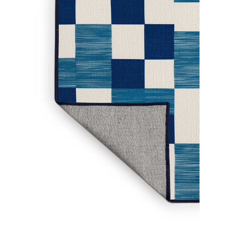 Machine Washable Checkered Blue Area Rug, Square 5'