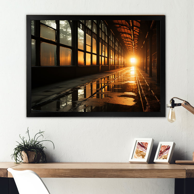Paysage industriel, réverbération de Russet sur toile, Cadre simple noir, H 12 po x l 20 po x P 1 po