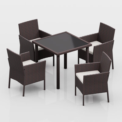Etoy 5 Pieces Patio Dining Set, Outdoor Rattan Furniture Set w/ Glass Top Table and Cushioned Chairs by Red Barrel Studio