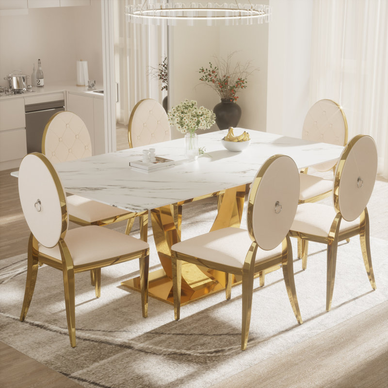 Ensemble de table de salle à manger rectangulaire en verre trempé avec fauteuil Luxtry, Beige, H 30 po x L 71 po x l 35,4 po