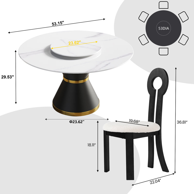 6 Seat Modern Round Sintered Stone Dining Table With Rotating Tray,modern Key-shaped Dining Chairs, White