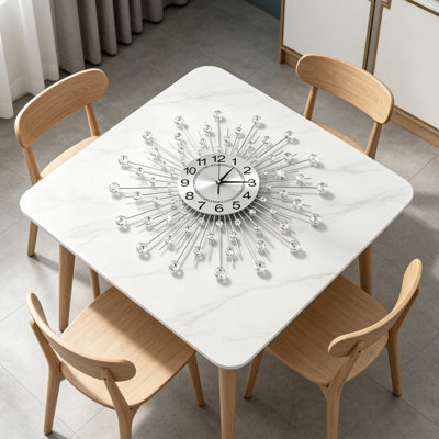 Grande horloge murale pour le décor du salon, horloge à quartz silencieuse en métal de 28 pouces avec accents en cristal, horloge ronde et moderne pour la cuisine de la chambre à coucher, décoration intérieure, argent