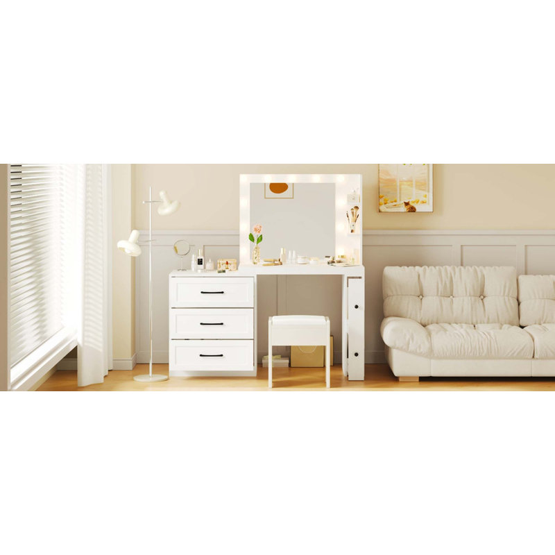 Meuble-lavabo de 55,2 po avec armoire latérale réglable, coiffeuse de maquillage avec lumières Hollywood, 5 tiroirs de rangement et 2 tablettes, coiffeuse moderne