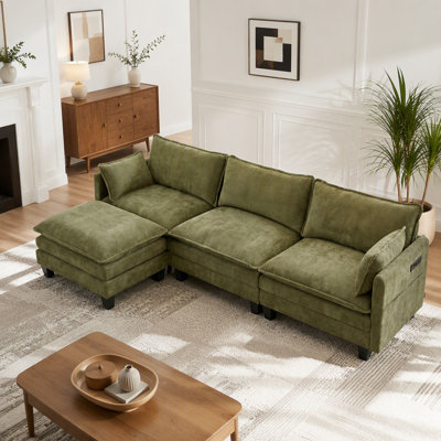 Ensemble de canapé moderne en chenille vert, canapé 3 places avec repose-pieds individuel assorti, mobilier de salon modulaire avec ports USB intégrés et poches latérales.