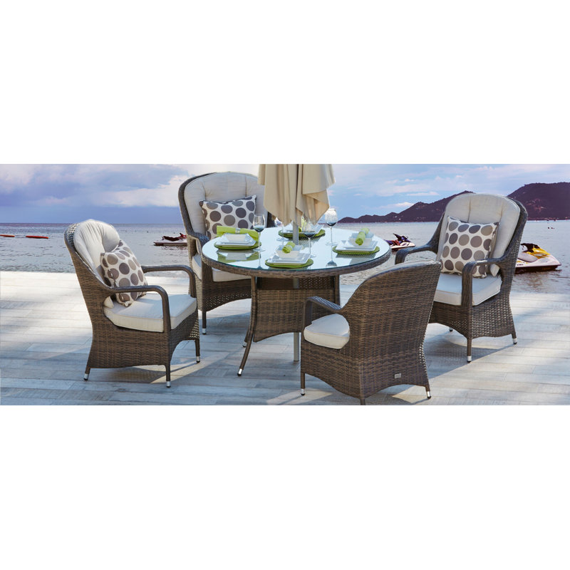 Brown Wicker 5-Piece Round Outdoor Dining Set with Beige Cushions