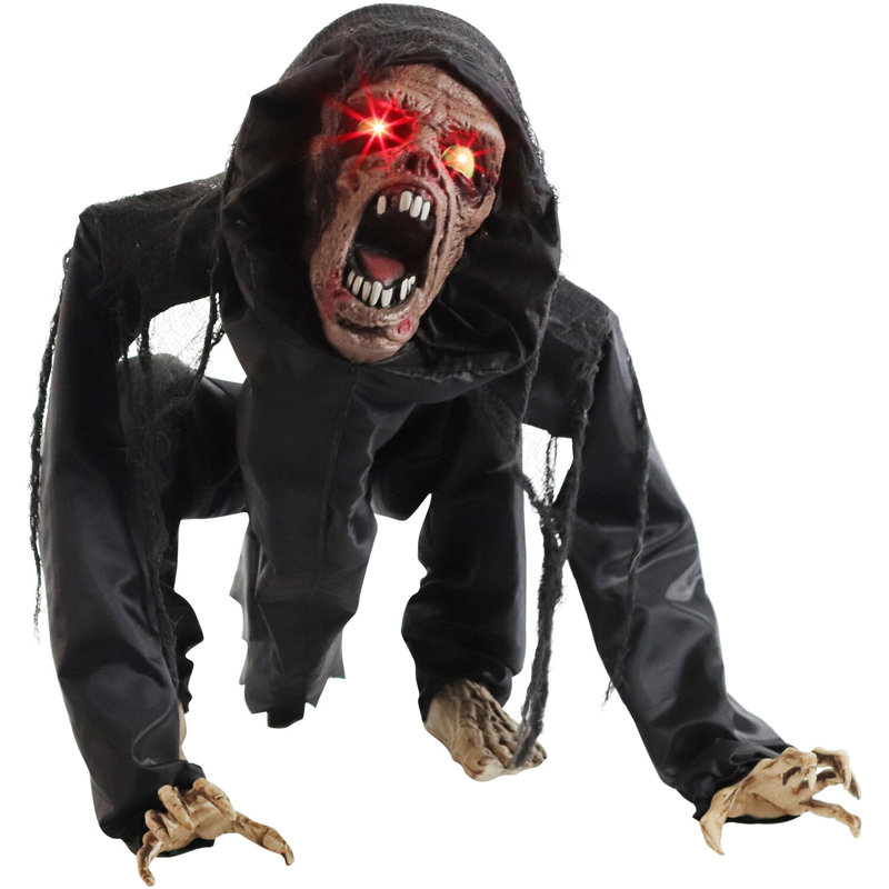 Animatronic Crouching Zombie with Lights and Sound, Indoor or Covered Outdoor Halloween Decoration