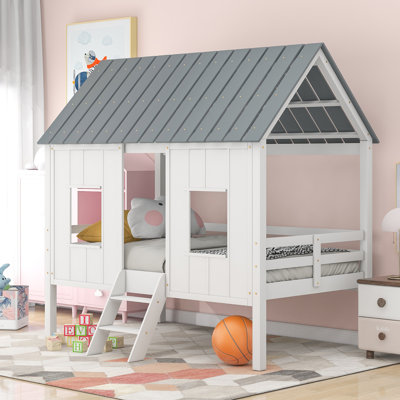 White Pine Low Loft House Bed with Roof, Front Windows and Guardrail, Twin Size
