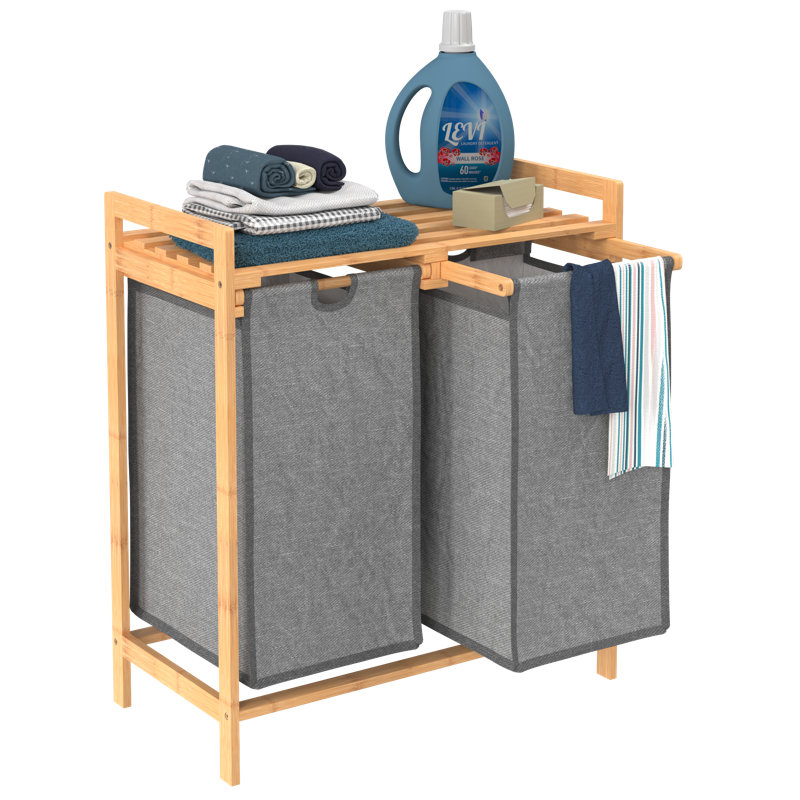 Natural Bamboo Dual Compartment Laundry Sorter with Gray Bags