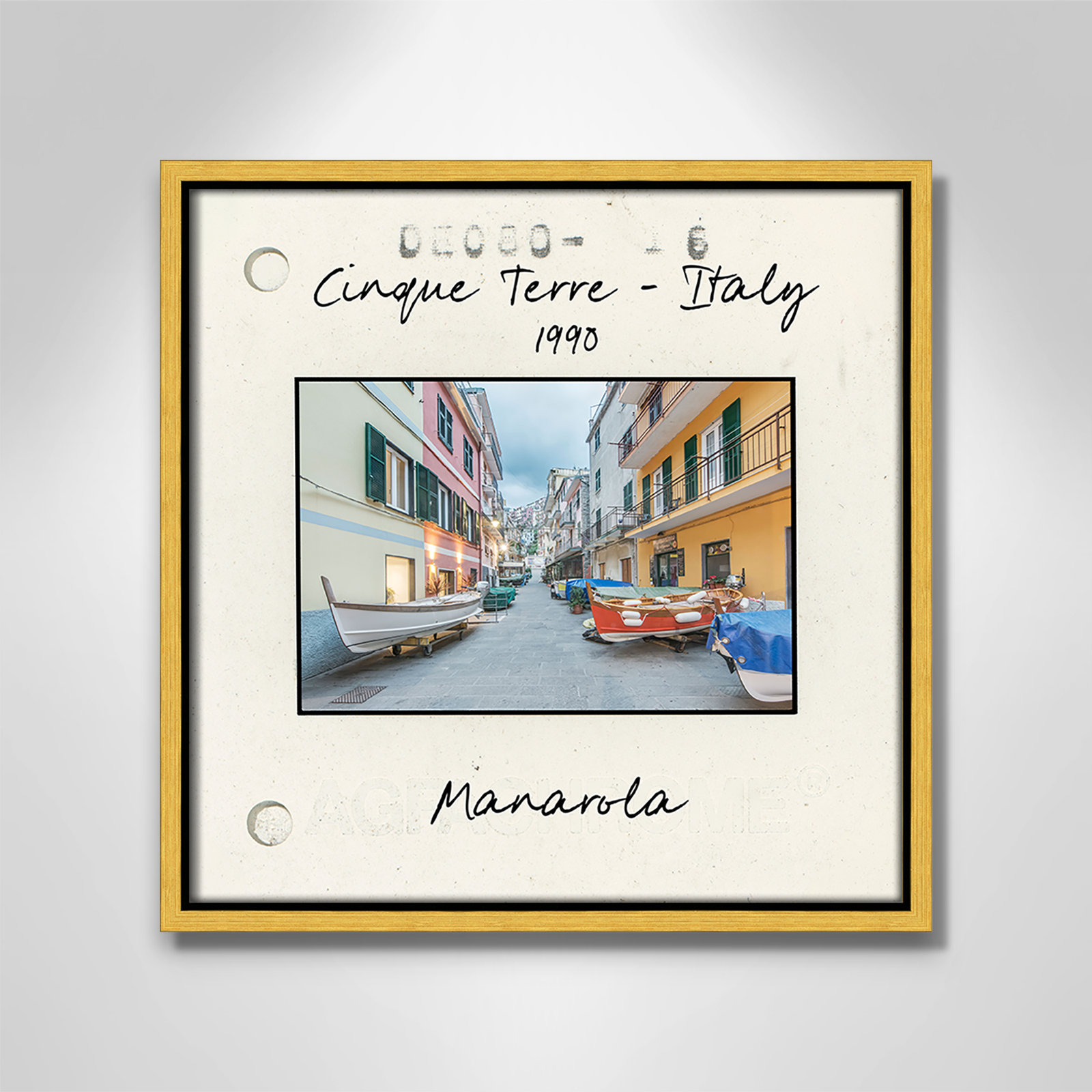 Travel Slide Collection "Cinque Terre - Manarola" Print, 13.5" H x 13.5" W x 2" D, Gold Floater Framed Canvas