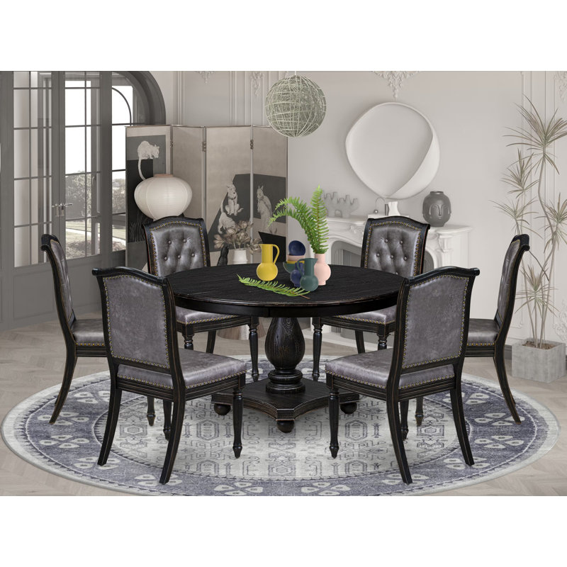 L'ensemble de salle à manger 7 pièces Mid Century comprend une table et 6 chaises en tissu de polyester gris foncé avec dossier capitonné - Noir sablé