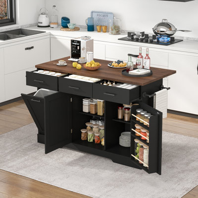 Kitchen Island with Storage Cabinet and Trash Cabinet, 55" Kitchen Dining Table with Drop Leaf and Charging Station
