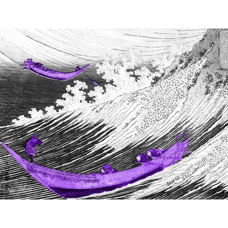 Décalcomanie murale amovible pour bateau japonais sur le vagues, H 36 po x l 48 po, Noir / blanc / Mauve