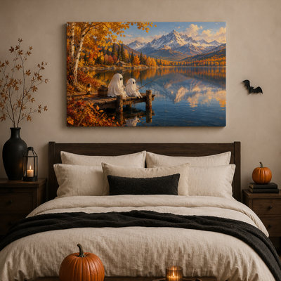 Fantômes blancs pêchant sur un quai en bois près de l'automne, tableau sur toile pour l'Halloween