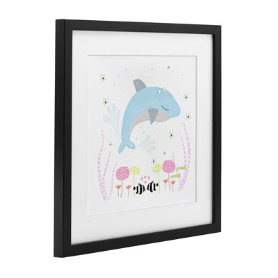 Baby Dolphin & Flowers Framed Print Under Glass, design by Carla Daly
