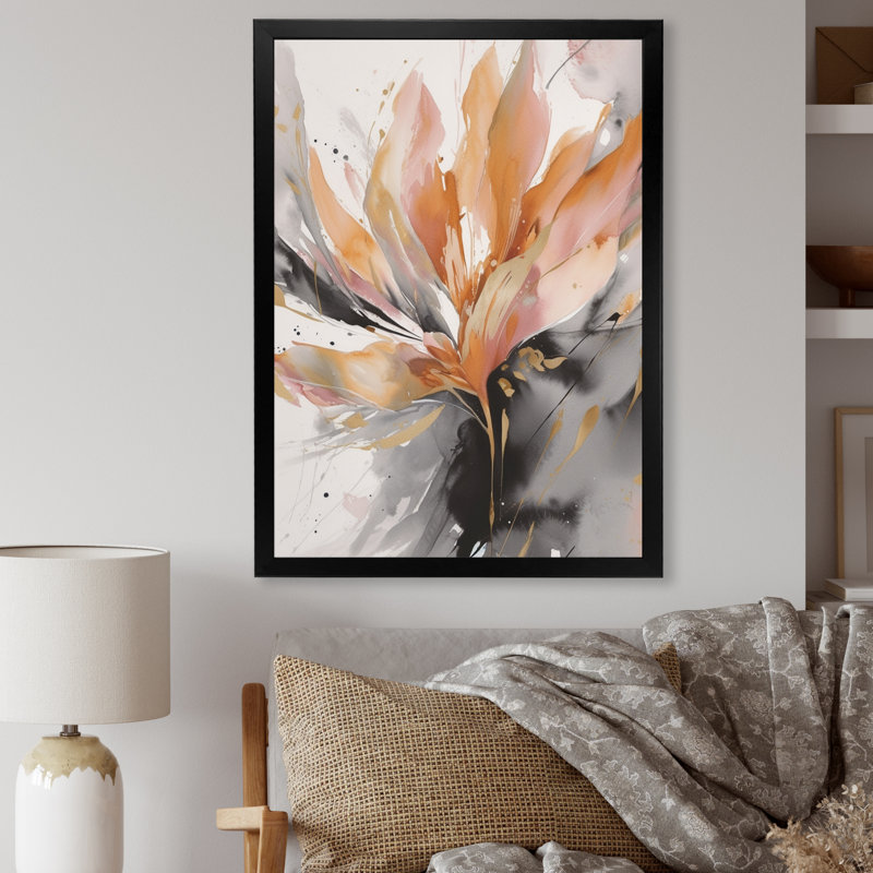 Abstraction de marbre orange et gris hypnotique - art mural abstrait en marbre, Impression encadrée, H 20 po x l 12 po, Noir