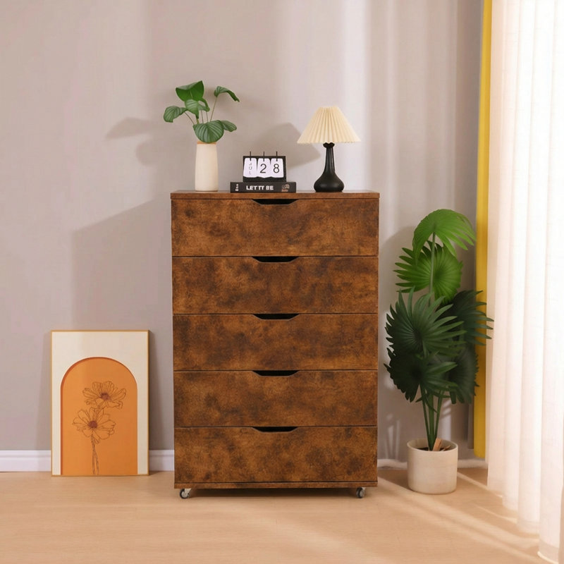 Commodes décoratives avec 5 tiroirs et roulettes, Brun rustique