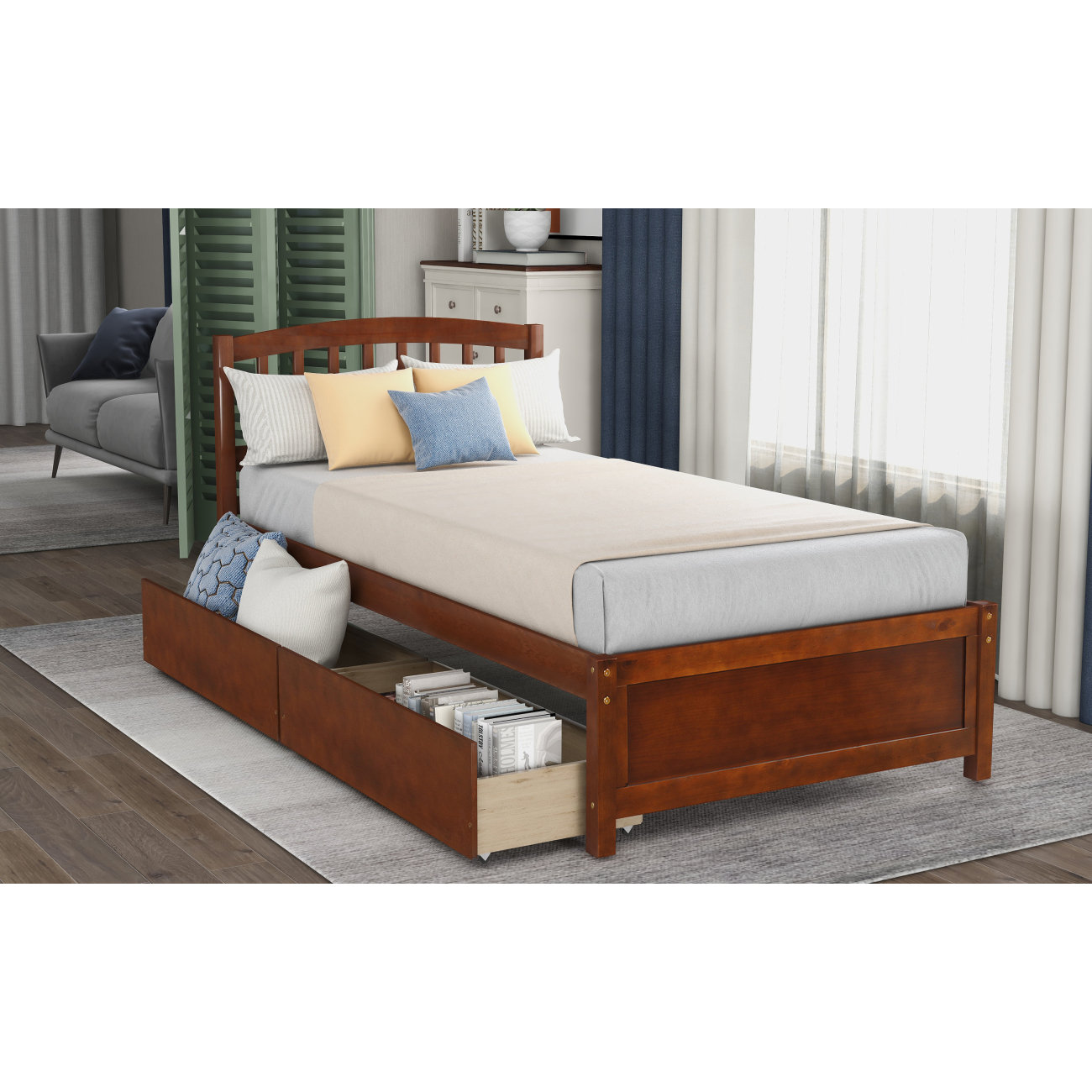 George Oliver Twin Platform Storage Bed Wood Bed Frame With Two Drawers ...