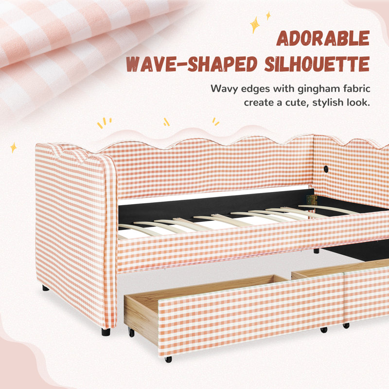 Lit de jour Gingham avec 2 tiroirs de rangement et port USB, forme ondulée, Rose, Lit simple