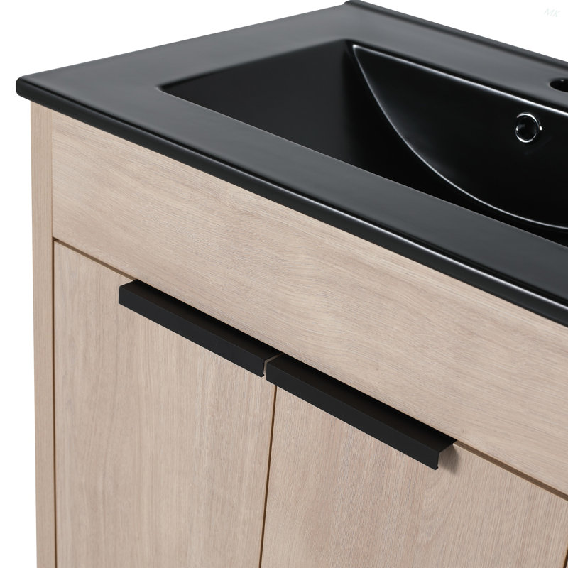 Meuble-lavabo autoportant de 24 po avec lavabo en céramique noire et 2 portes d'armoire à fermeture en douceur, 24", Noir