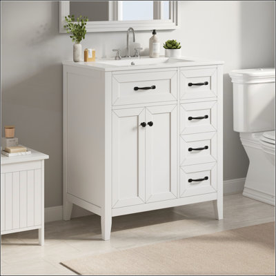 30 Inch White Freestanding Bathroom Vanity with Ceramic Sink, Soft-Close Doors & Drawers