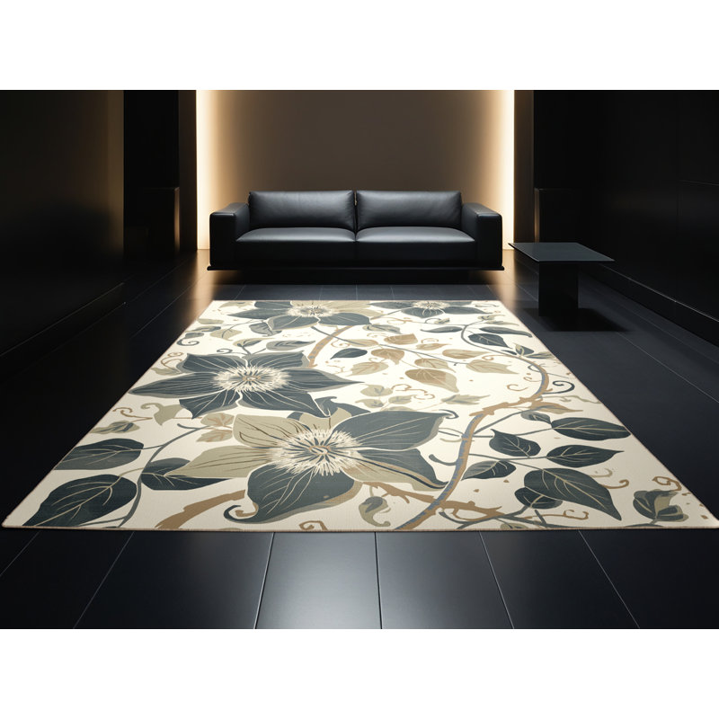 Machine Washable Ottwell Clematis French Country Floral Rug in Beige – Beige Binding, 7x10