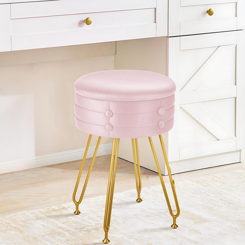 Round Storage Ottoman Vanity Stool Chair For Makeup Room,Bedroom,Living Room, Pink