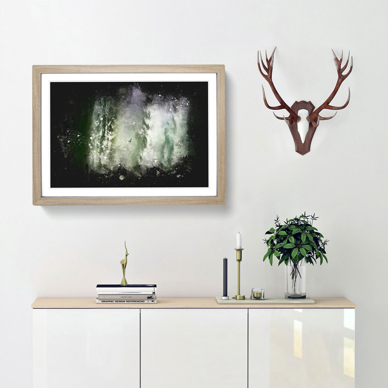 Bird Flying By The Waterfall Paint Splash - Framed Print, 33cm H x 45cm W x 2cm D, Oak