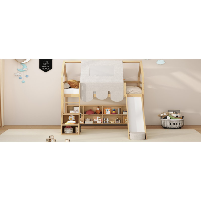 Lit simple mezzanine en bois avec structure en forme de maison avec tente, naturel et beige, Naturel