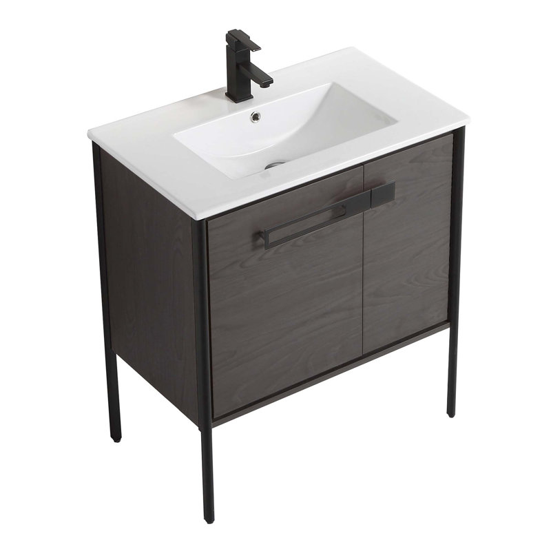 30" Single Bathroom Vanity, Black Coal Oak, Matte Black