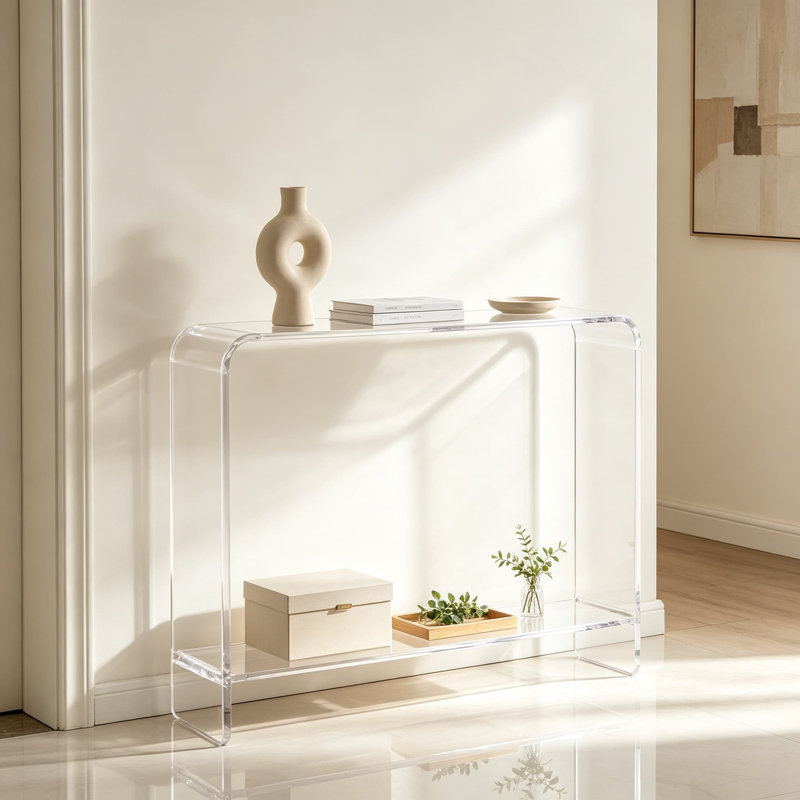 Console en acrylique transparent avec tablette, table d'entrée moderne à deux niveaux, meuble d'appoint étroit et transparent pour salon, couloir, hall d'entrée ou salle à manger