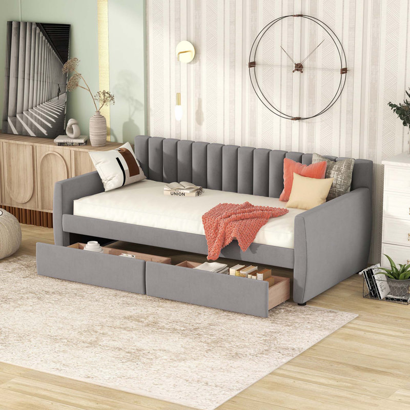 Lit de jour simple tapissier avec tiroirs, Gris