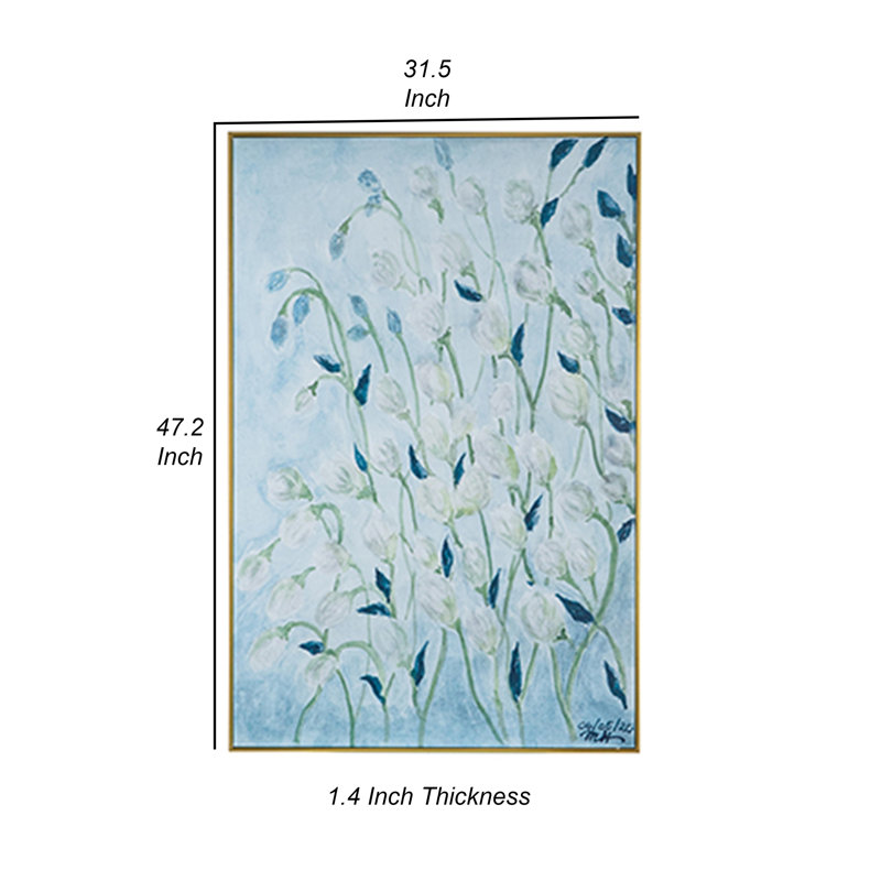 Large Blue and White Floral Canvas Painting with Brown Frame