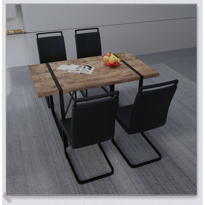Ensemble de table de salle à manger rustique en bois aggloméré rectangulaire et en bois massif avec chaises en polyuréthane pour une cuisine moderne, durable et élégante