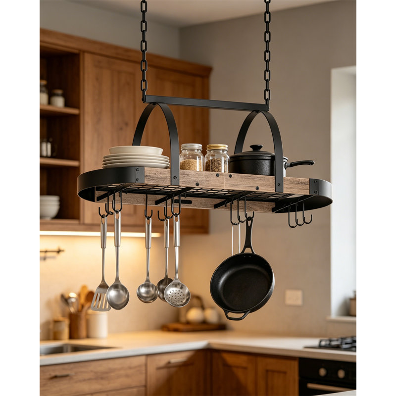 Support à casseroles à fixation au plafond avec 12 crochets, organisateur de batterie de cuisine Greige et Black