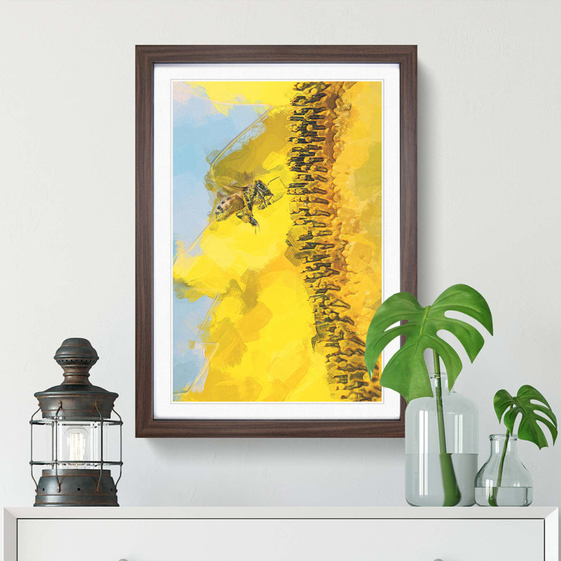 Busy Bee & Yellow Flower in Abstract - Picture Frame Painting Print, 65cm H x 48cm W x 2cm D, Walnut Framed