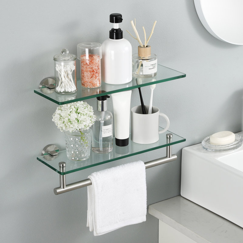 Ensemble de 2 tablettes de salle de bain en verre trempé 16 pouces à fixation murale SUS 304 en acier inoxydable