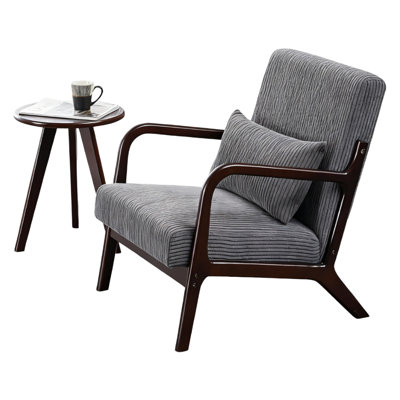 Vintage Mid - Century Modern Accent Chair And Coffee Table Synthesis, Dark Gray Walnut Tone Table, For Relaxation In Living Bedroom, Rubberwood Frame, Cotton Filled, Ergonomic Support Tollway, Luxury