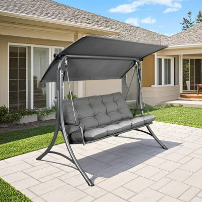SUNJOY 3-Seat Outdoor Patio Swing with Adjustable Canopy and Cushion - Gray