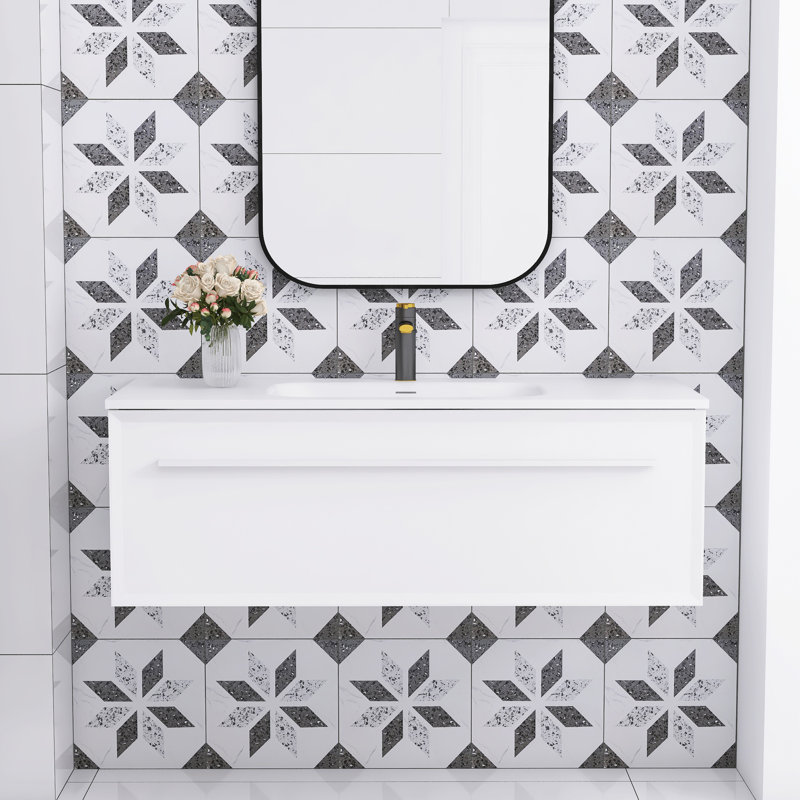 48 in. White Plywood Wall-Mounted Single Sink Vanity with Solid Surface Top
