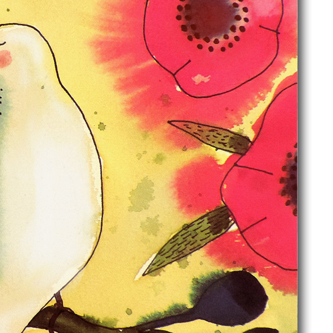 Sylvie Demers Pink Floral Canvas with White Birds, 14" x 14"