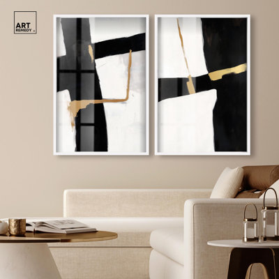 Art mural de salon minimaliste noir et blanc abstrait avec impression de boîte-cadre par Art Remedy, cadre blond, 30 x 45