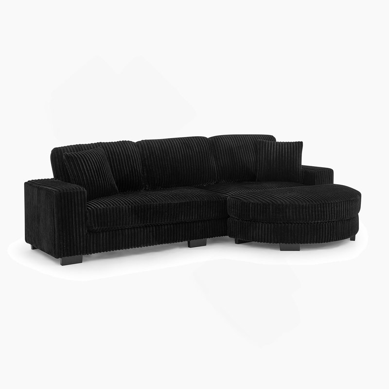 Corduroy Tufted Upholstered Sleeper Sectional Sofa, L-Shaped Modular Convertible Sofa , The Arc-Shaped Footstool Can Be Placed Freely On The Left And Right-Black