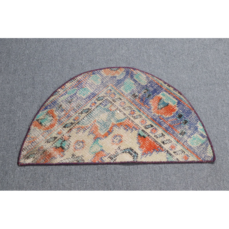 Unique Half Circle Turkish Rug In Blue And Orange Palette For Stylish Home Decor With A Vintage Small Rug Featuring Colorful Oushak Design