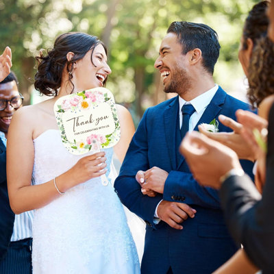 50 pièces de ventilateurs de mariage pour invités avec poignées en vrac | Cadeaux de mariage avec verdure florale et Merci de célébrer avec nous, réception de cérémonie en plein air, décoration de douche nuptiale