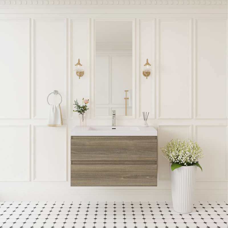 Meuble-lavabo flottant de 36 po avec lavabo, meuble-lavabo mural moderne avec lavabo à surface solide et tiroirs à fermeture en douceur