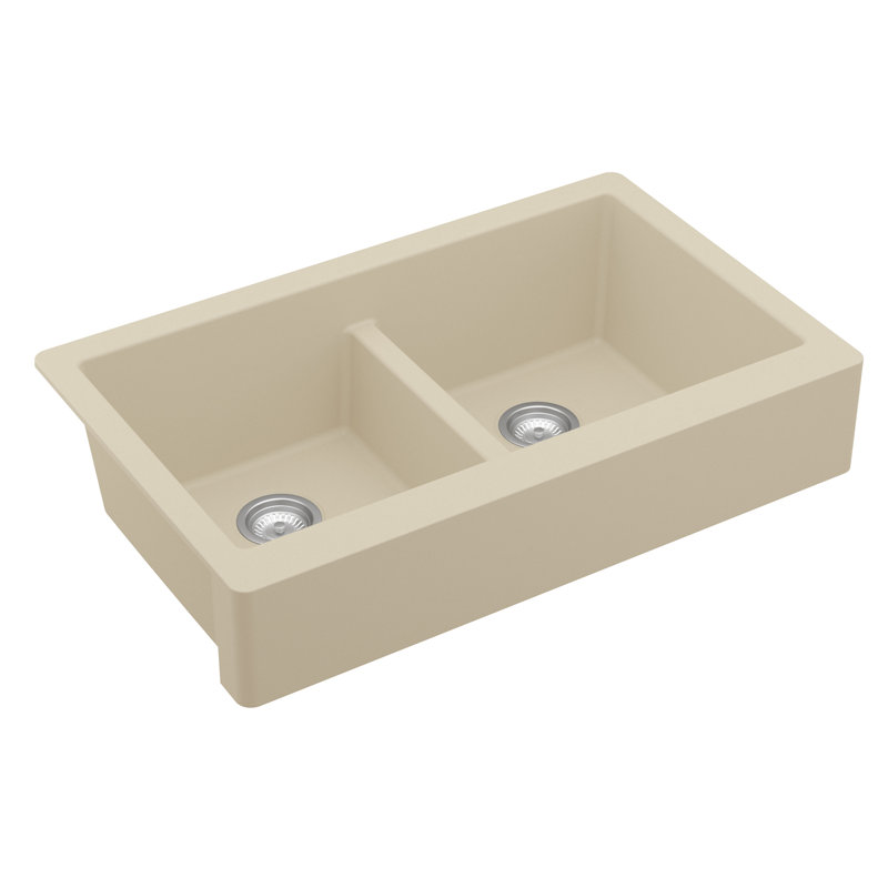 Karran Retrofit Farmhouse Apron Front Quartz Composite 34'' X 21-1/4'' 50/50 Double Bowl Kitchen Sink, Bisque